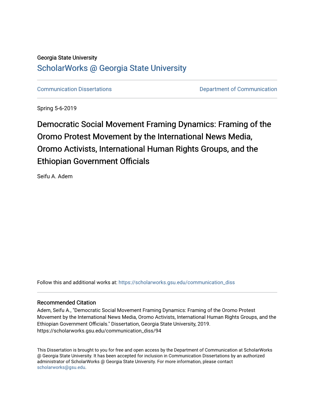 Framing of the Oromo Protest Movement by the International News Media, Oromo Activists, International Human Rights Groups, and the Ethiopian Government Officials