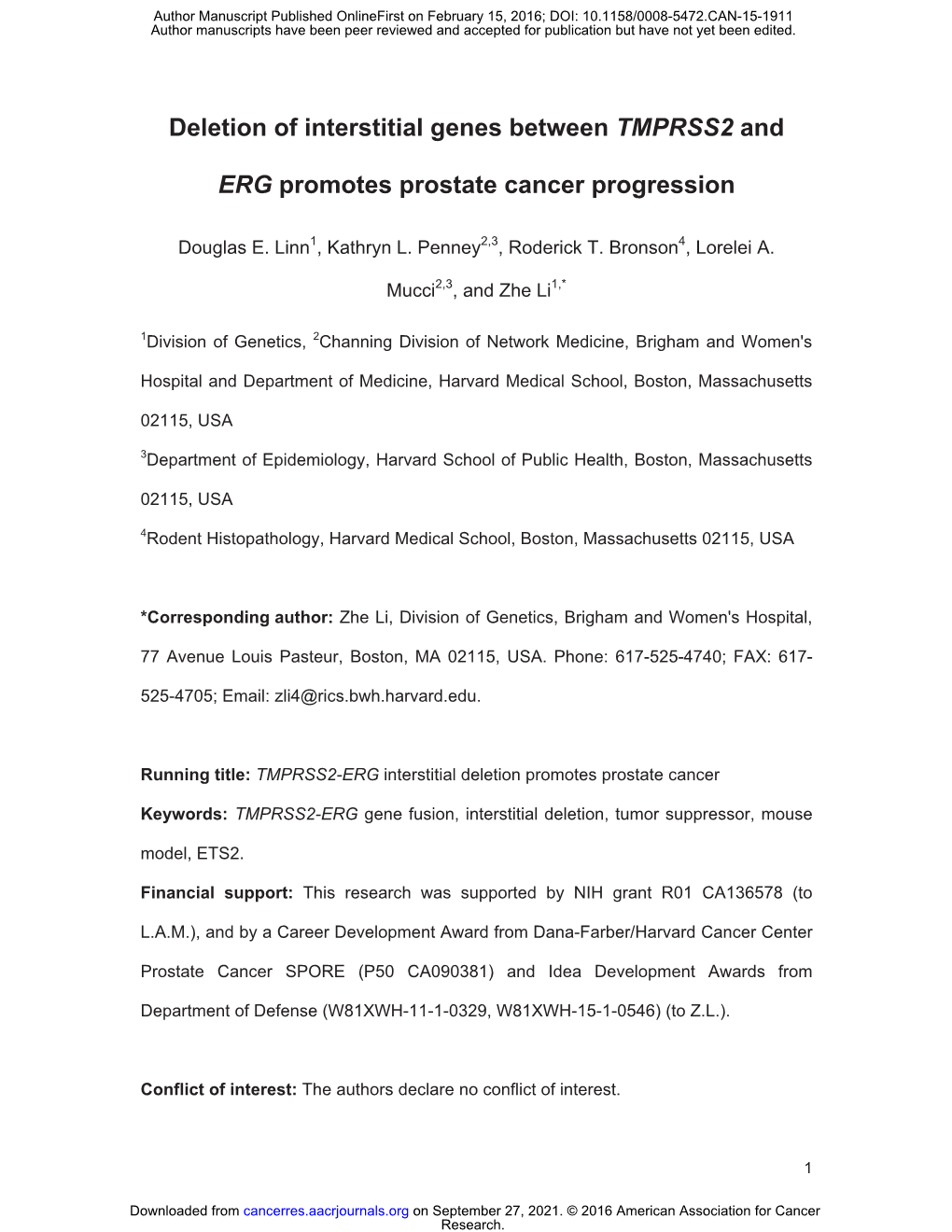 Deletion of Interstitial Genes Between TMPRSS2 and ERG Promotes Prostate Cancer Progression