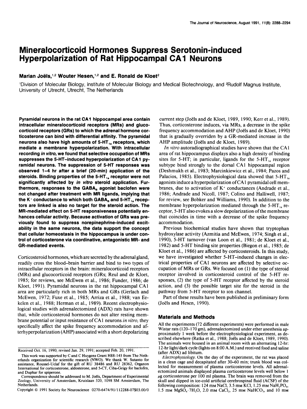 Mineralocorticoid Hormones Suppress Serotonin-Induced Hyperpolarization of Rat Hippocampal CA 1 Neurons