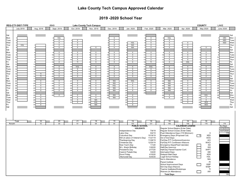 Lake County Tech Campus Approved Calendar 2019 -2020 School Year