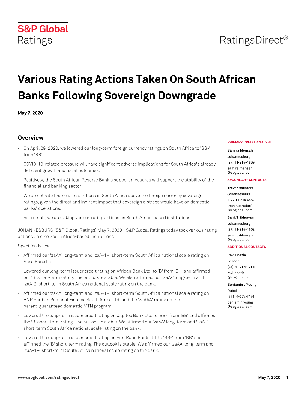 Various Rating Actions Taken on South African Banks Following Sovereign Downgrade