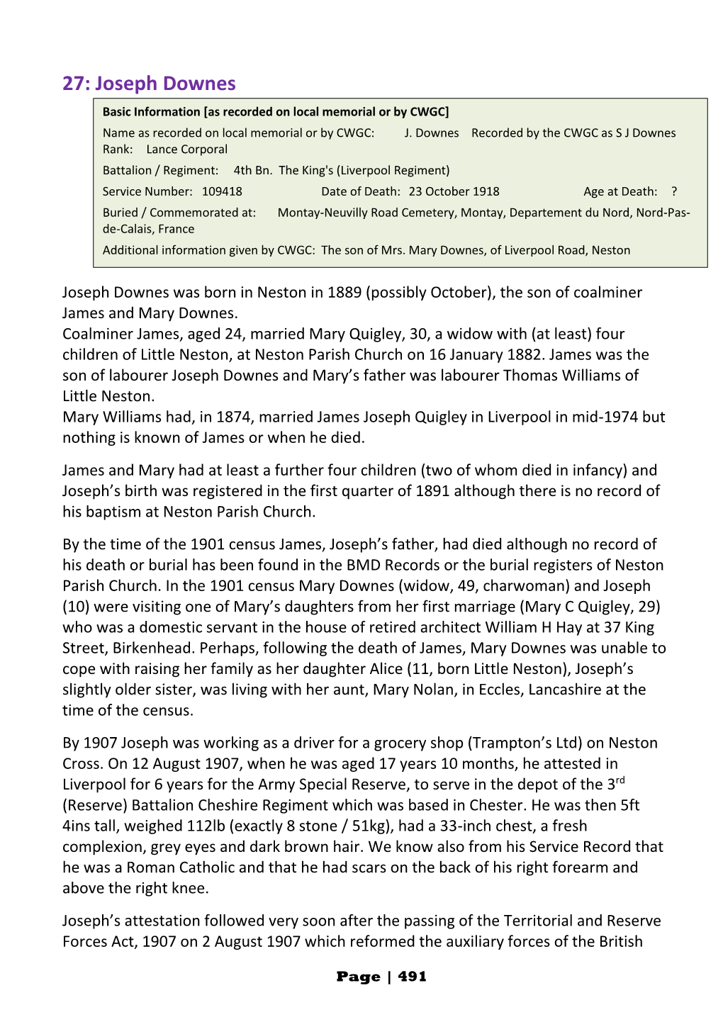 Joseph Downes Basic Information [As Recorded on Local Memorial Or by CWGC] Name As Recorded on Local Memorial Or by CWGC: J