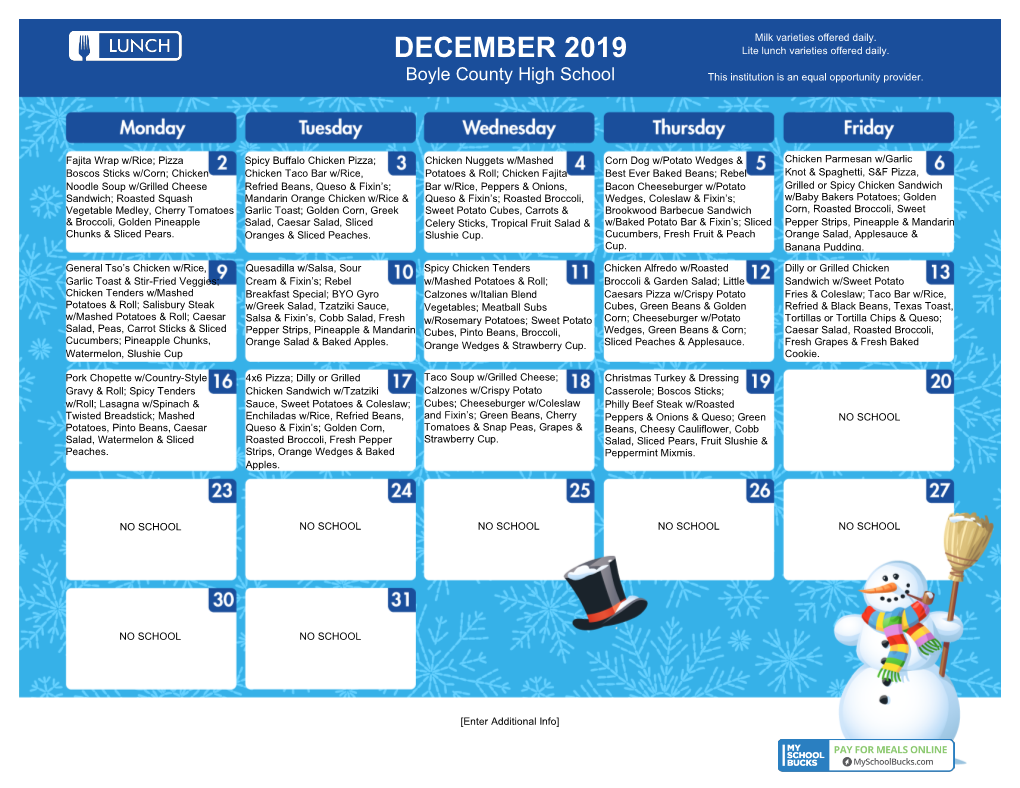 DECEMBER 2019 Lite Lunch Varieties Offered Daily