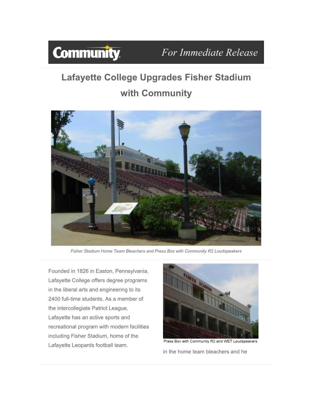 Lafayette College Upgrades Fisher Stadium with Community