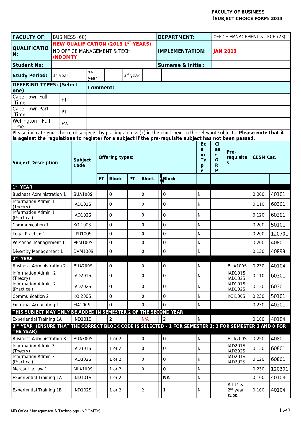 Subject Choice Form s2