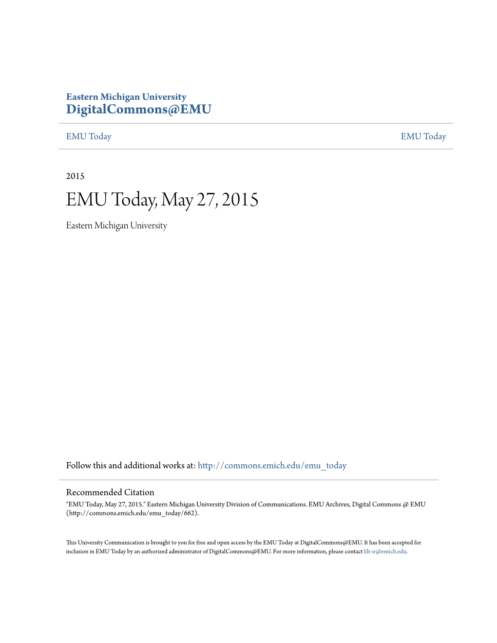 EMU Today, May 27, 2015 Eastern Michigan University