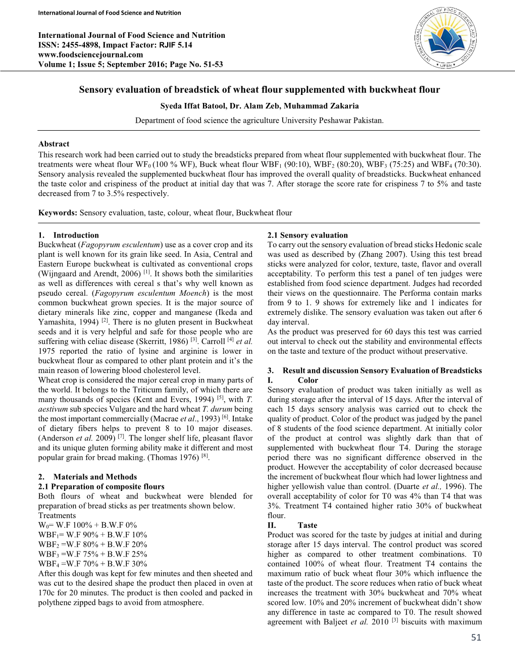 51 Sensory Evaluation of Breadstick of Wheat Flour Supplemented With