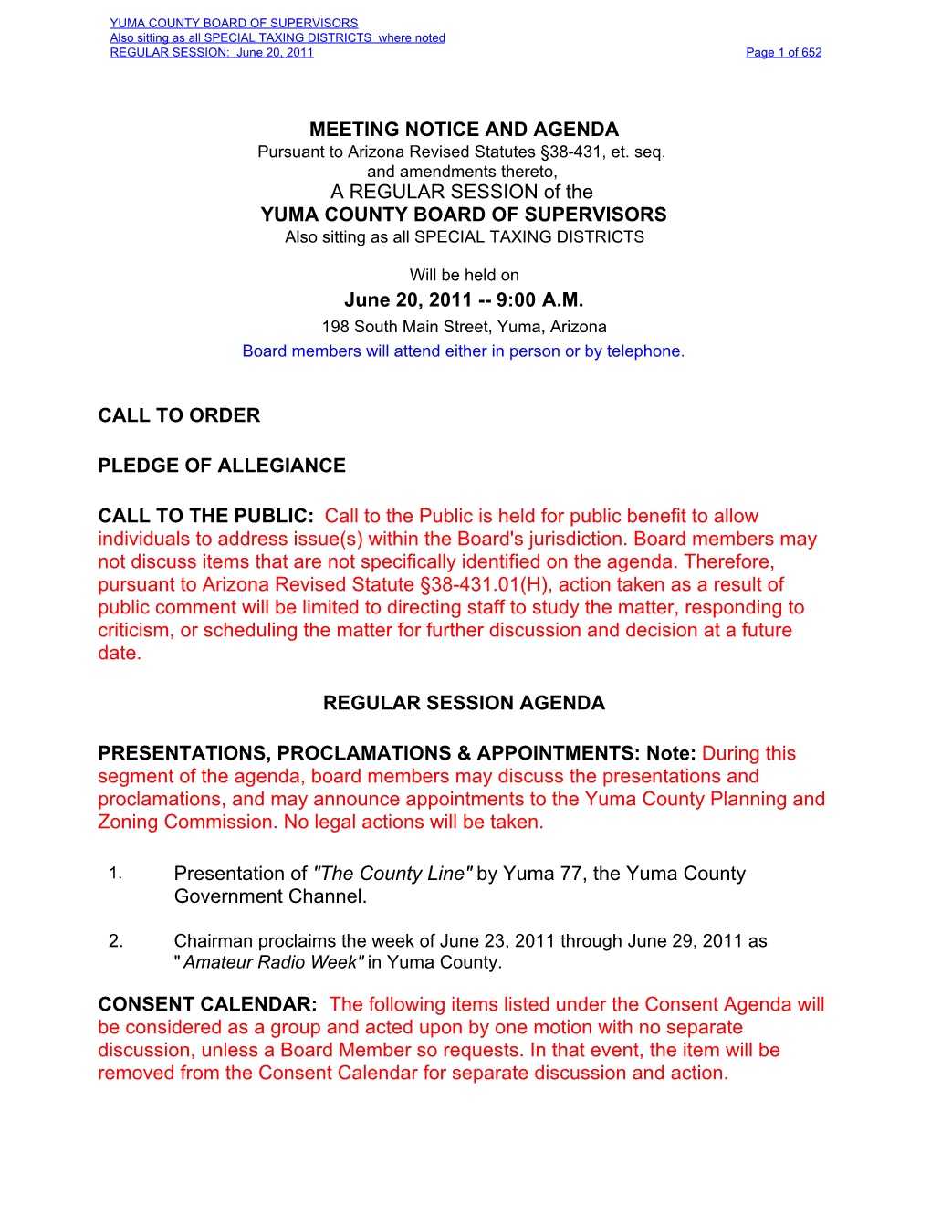 MEETING NOTICE and AGENDA a REGULAR SESSION of the YUMA