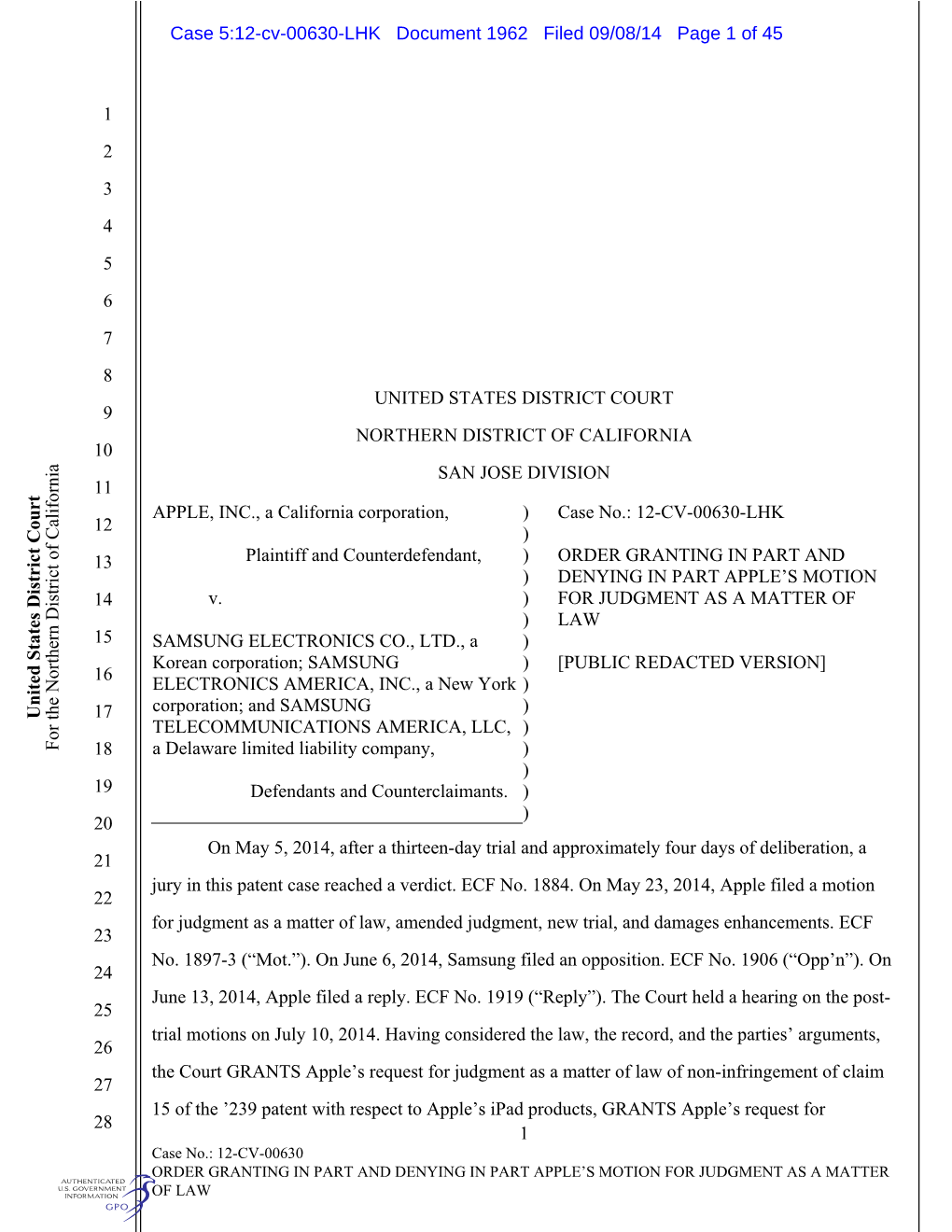 Case 5:12-Cv-00630-LHK Document 1962 Filed 09/08/14 Page 1 of 45