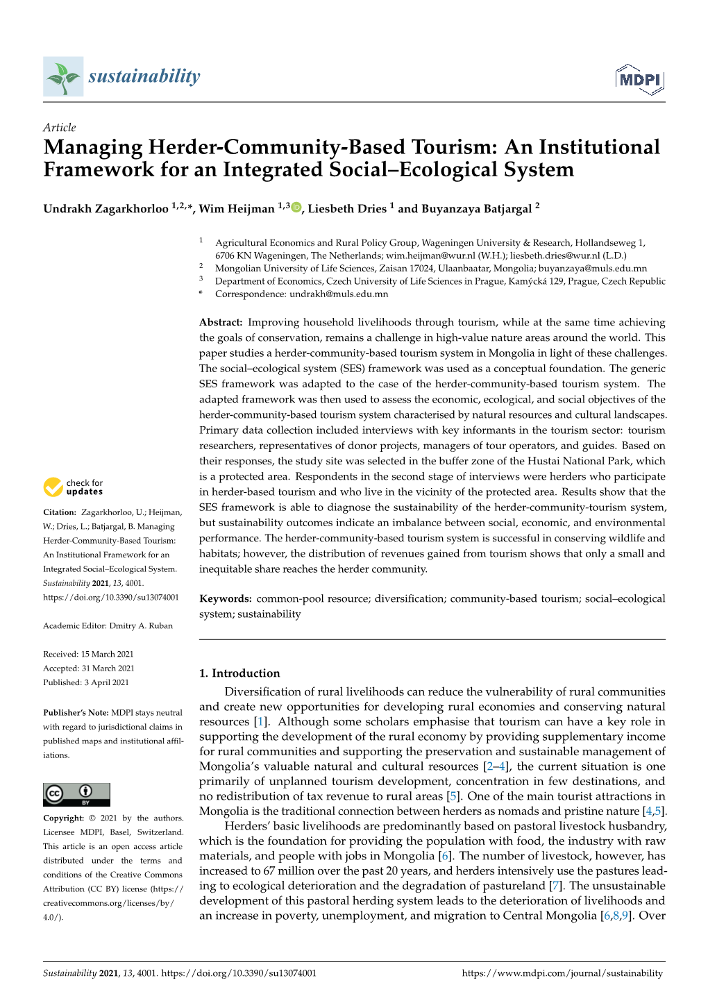 Managing Herder-Community-Based Tourism: an Institutional Framework for an Integrated Social–Ecological System