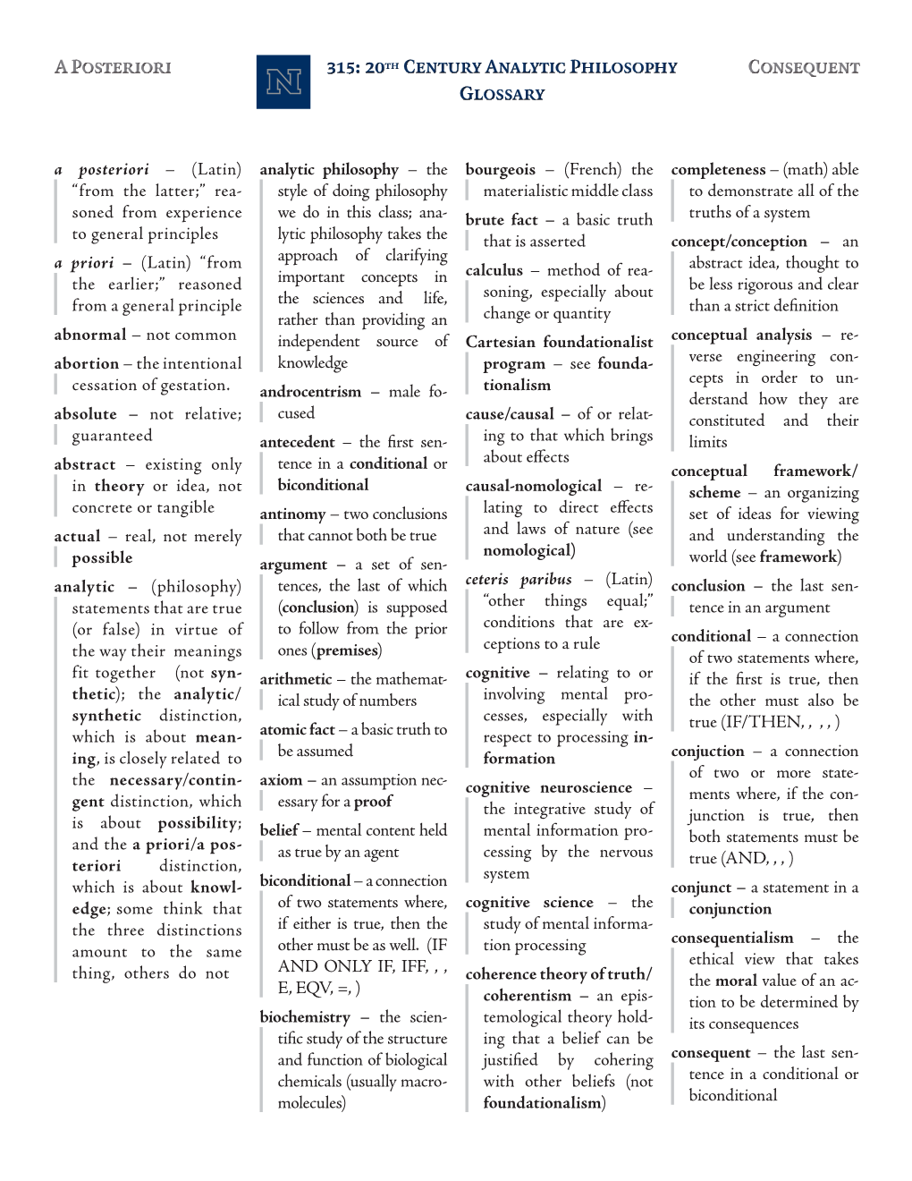 315: 20Th Century Analytic Philosophy Glossary a Posteriori