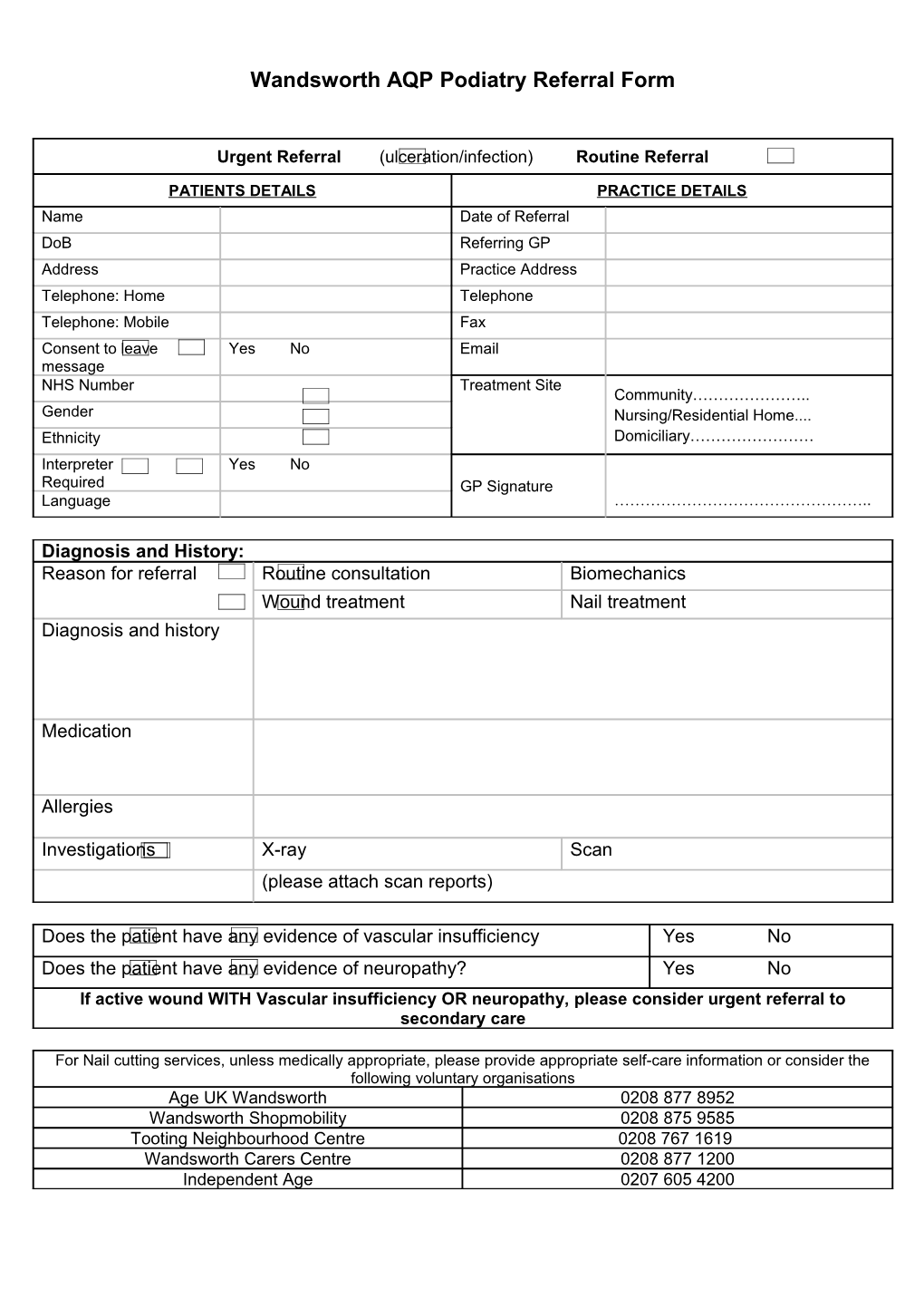 Wandsworth AQP Podiatry Referral Form