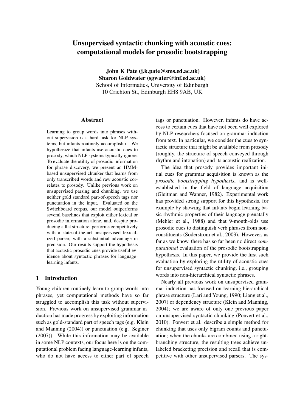 Unsupervised Syntactic Chunking with Acoustic Cues: Computational Models for Prosodic Bootstrapping