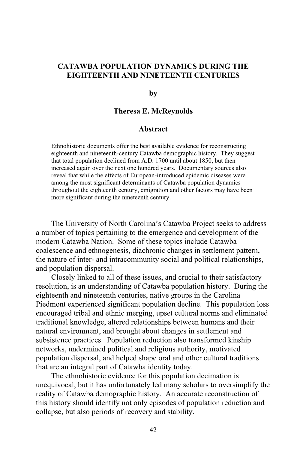 Catawba Population Dynamics During the Eighteenth and Nineteenth Centuries