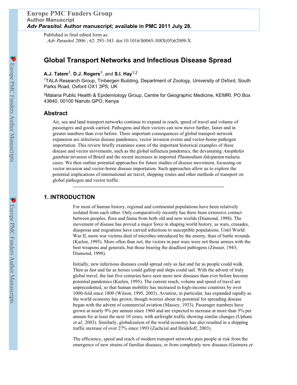Global Transport Networks and Infectious Disease Spread Europe