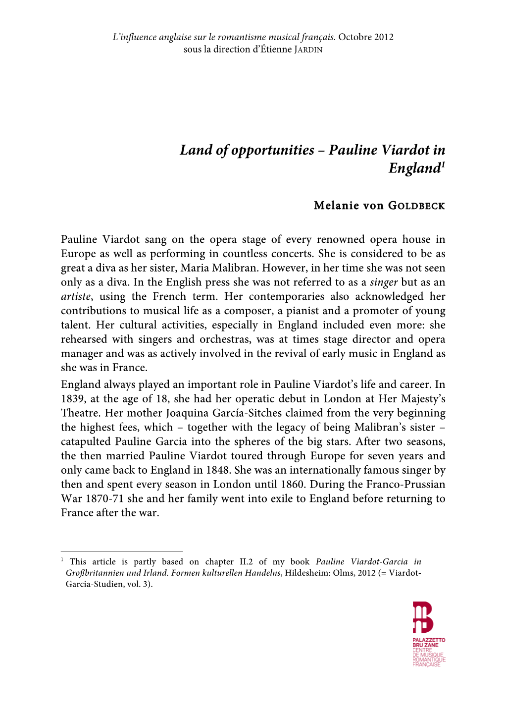 Land of Opportunities – Pauline Viardot in England1