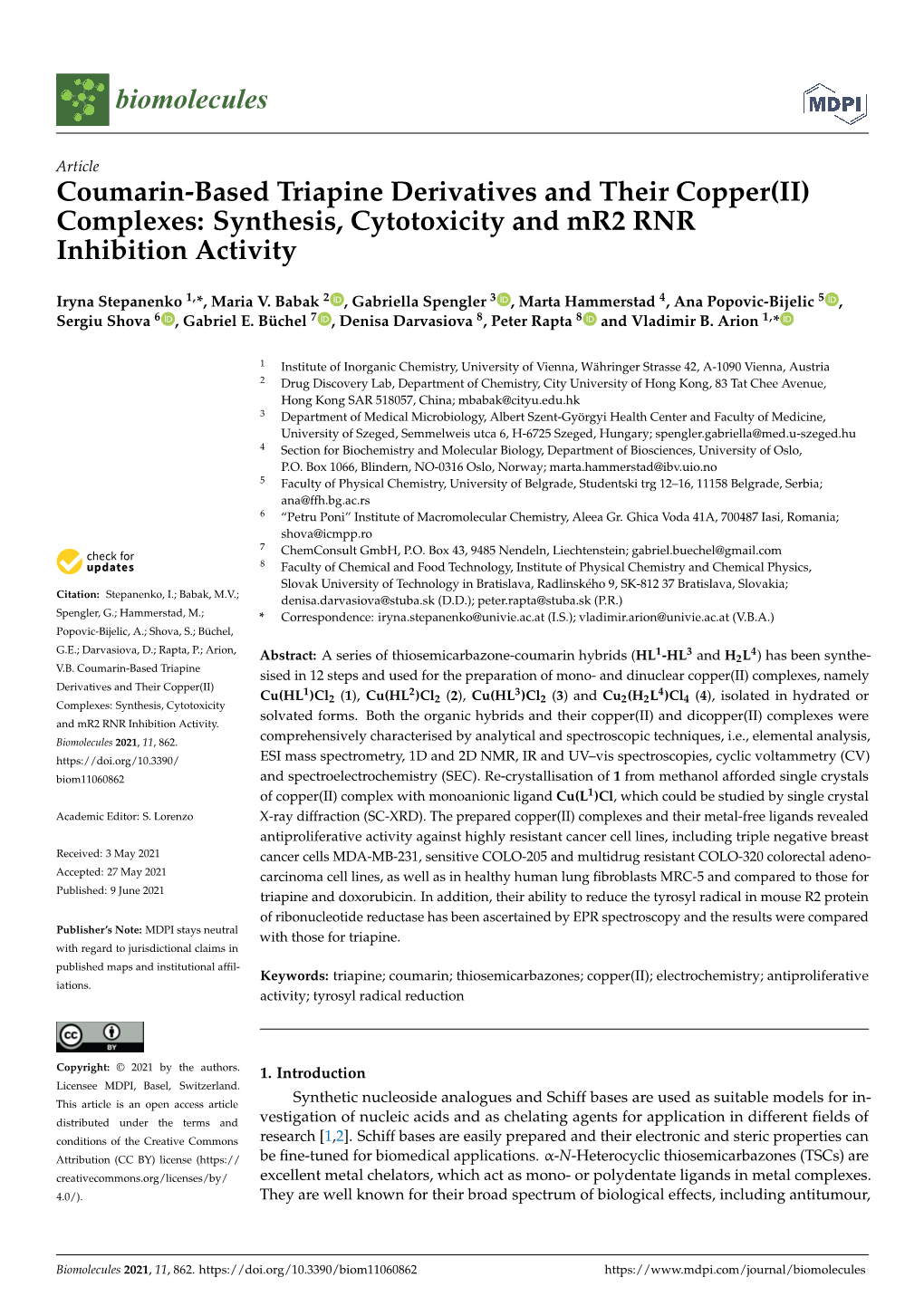 Coumarin-Based Triapine Derivatives and Their Copper(II) Complexes: Synthesis, Cytotoxicity and Mr2 RNR Inhibition Activity