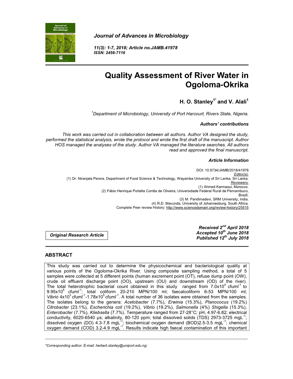 Quality Assessment of River Water in Ogoloma-Okrika