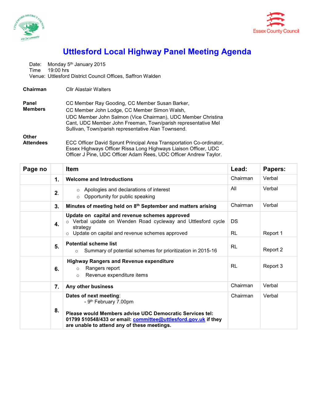 Uttlesford Local Highway Panel Meeting Agenda