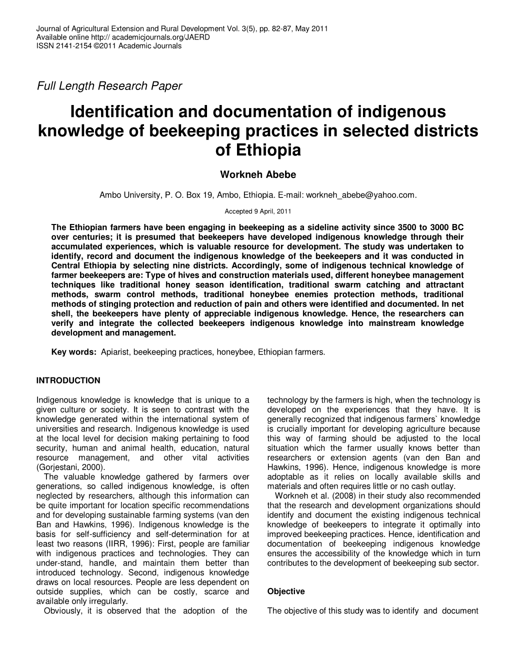 Identification and Documentation of Indigenous Knowledge of Beekeeping Practices in Selected Districts of Ethiopia