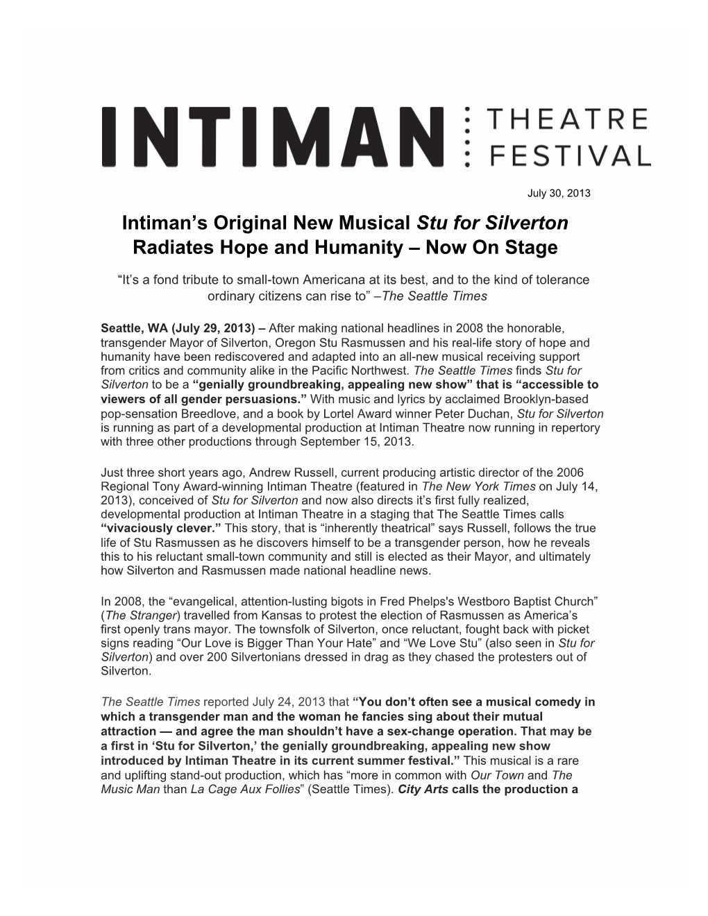 Intiman's Original New Musical Stu for Silverton Radiates