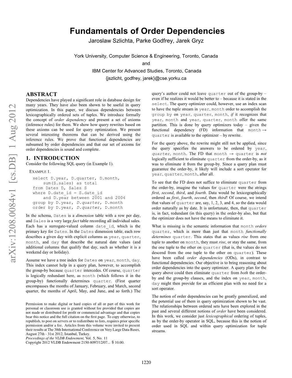 Arxiv:1208.0084V1 [Cs.DB] 1 Aug 2012 Functional Dependencies