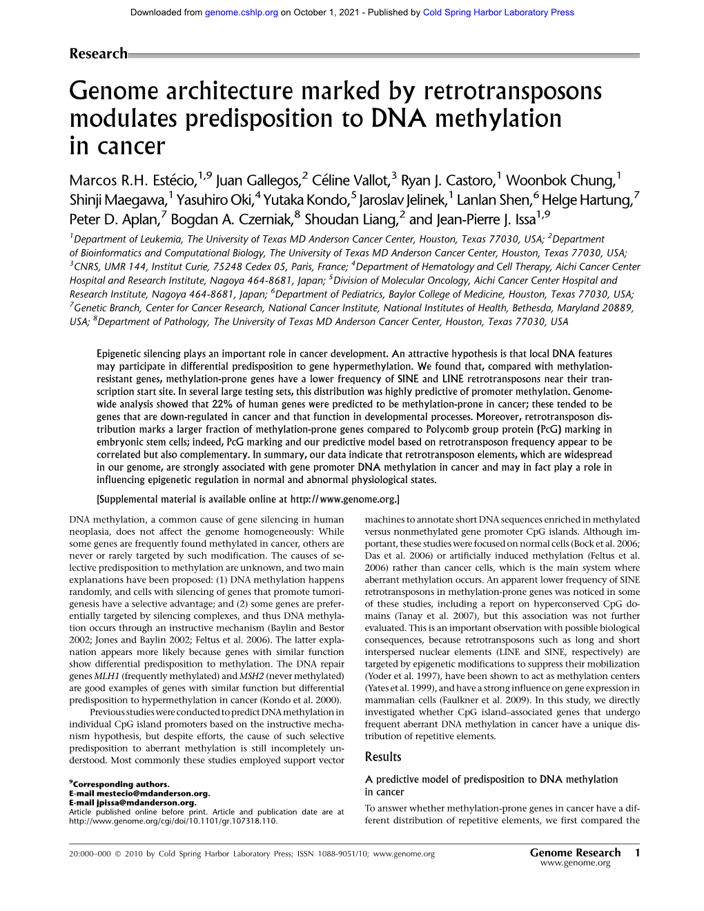 Genome Architecture Marked by Retrotransposons Modulates Predisposition to DNA Methylation in Cancer