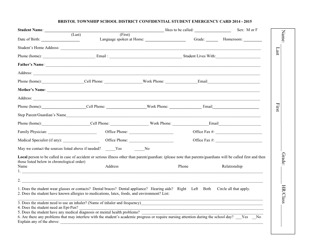 Bristol Township School District Confidential Student Emergency Card 2011 -2012