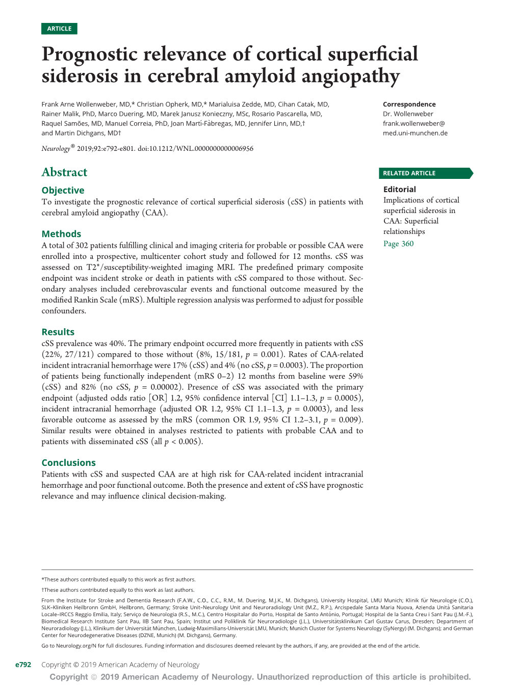 Prognostic Relevance of Cortical Superficial Siderosis in Cerebral Amyloid Angiopathy Frank Arne Wollenweber, Christian Opherk, Marialuisa Zedde, Et Al