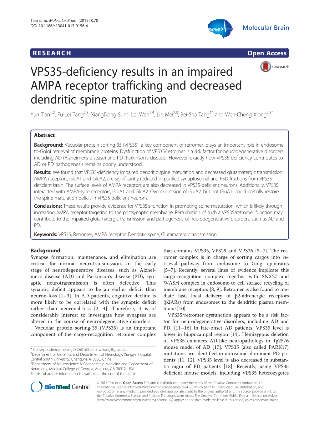 VPS35-Deficiency Results in an Impaired AMPA Receptor Trafficking