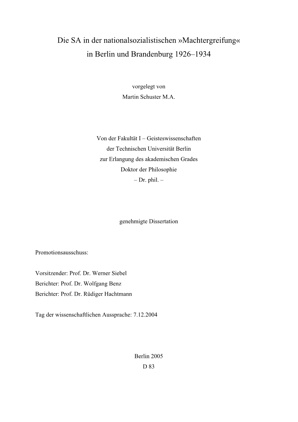 Die SA in Der Nationalsozialistischen »Machtergreifung« in Berlin Und Brandenburg 1926–1934