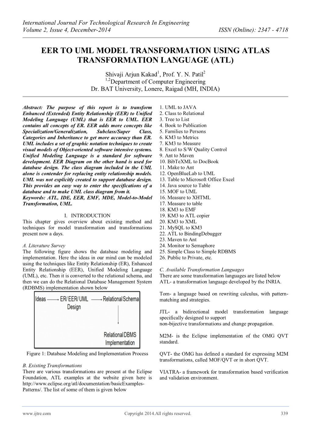 Eer to Uml Model Transformation Using Atlas Transformation Language (Atl)