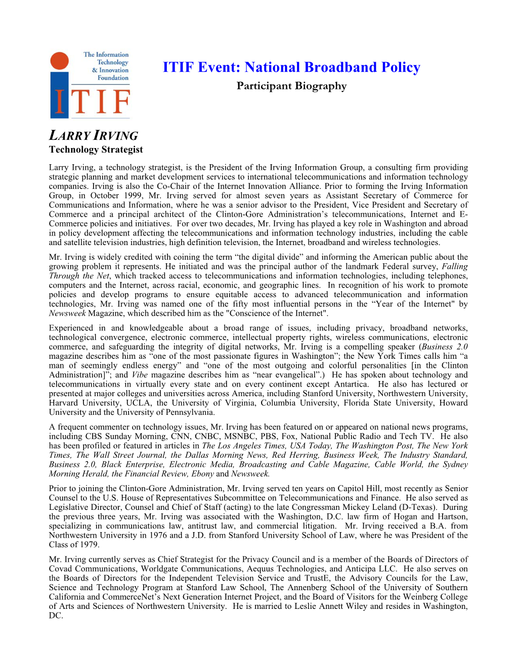 ITIF Event: National Broadband Policy