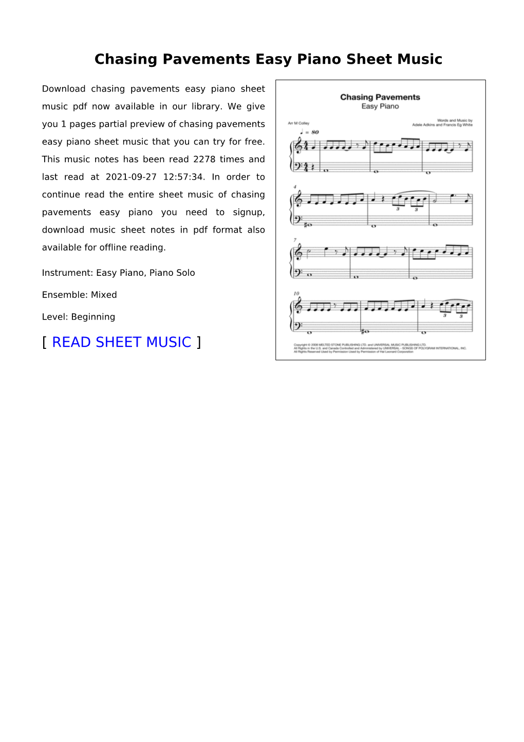 Chasing Pavements Easy Piano Sheet Music