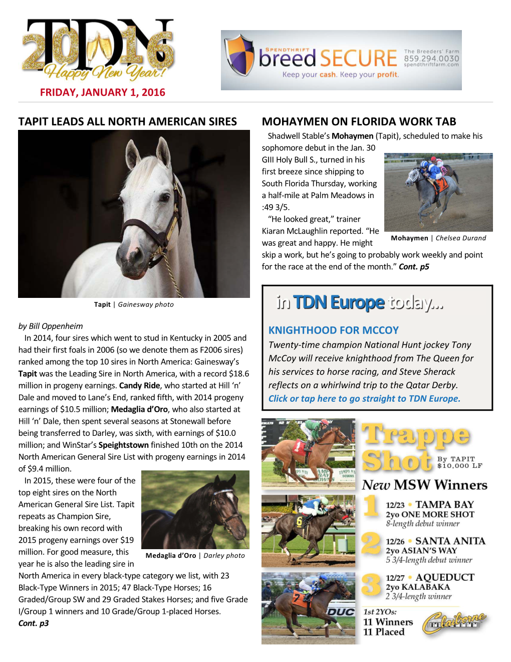 TAPIT LEADS ALL NORTH AMERICAN SIRES MOHAYMEN on FLORIDA WORK TAB Shadwell Stable’S Mohaymen (Tapit), Scheduled to Make His Sophomore Debut in the Jan