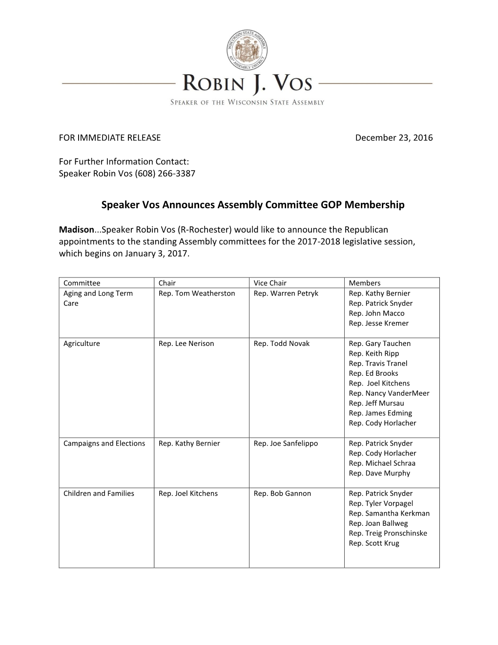 Speaker Vos Announces Assembly Committee GOP Membership