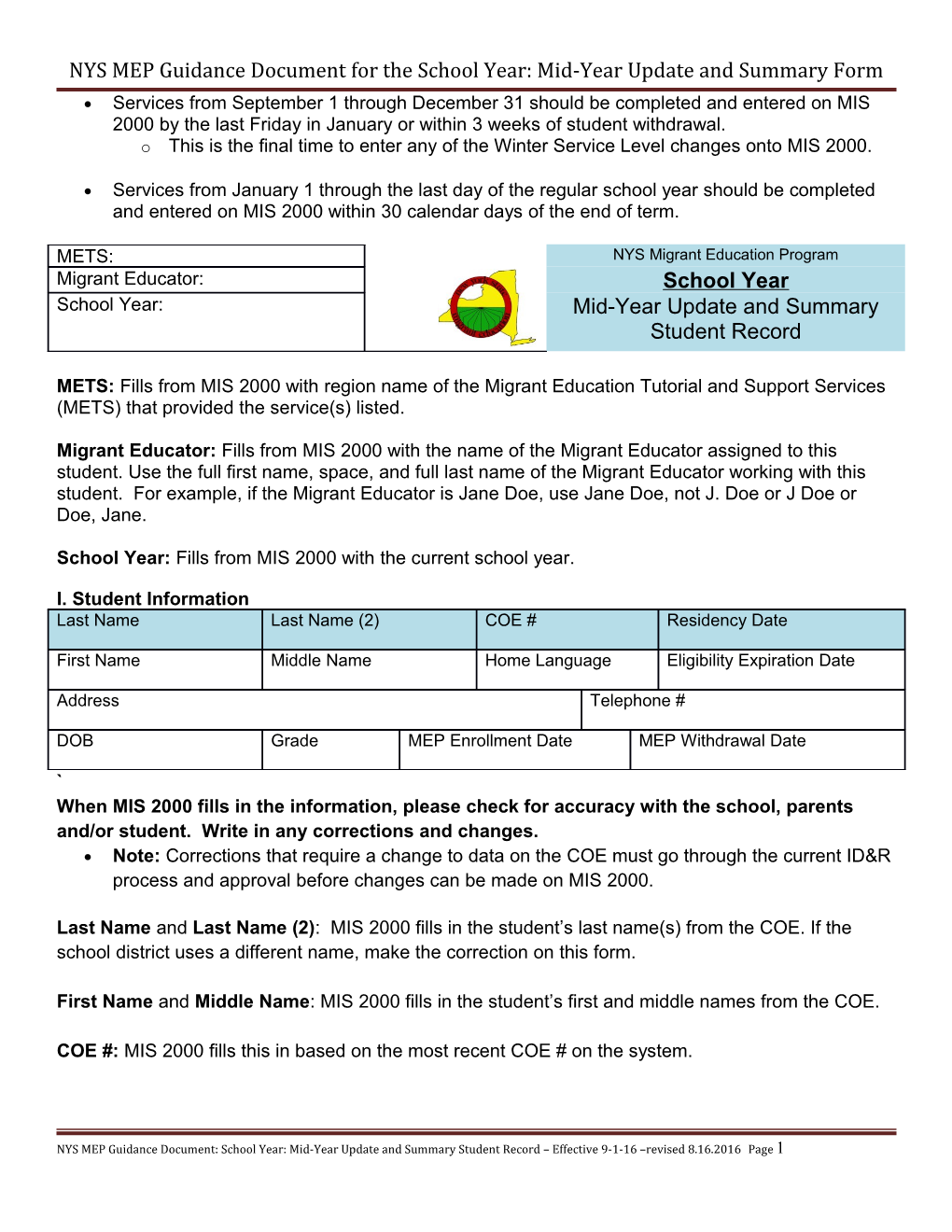 NYS MEP Guidance Document for the School Year: Mid-Year Update and Summary Form