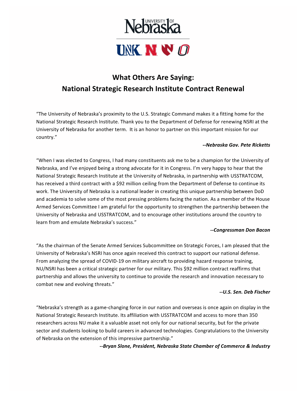 What Others Are Saying: National Strategic Research Institute Contract Renewal