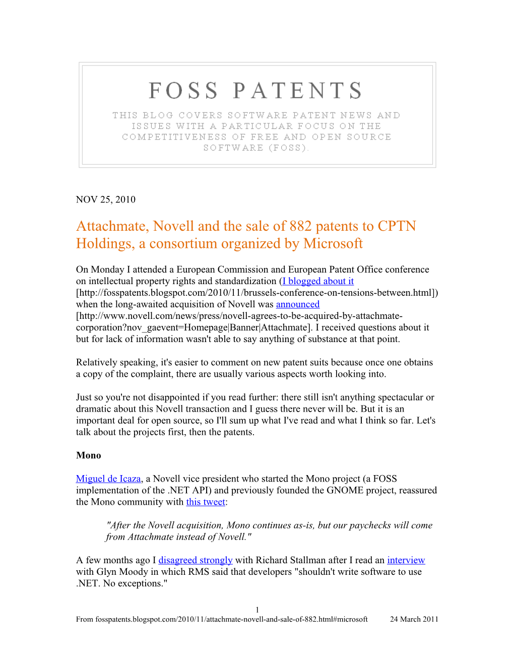 Attachmate, Novell and the Sale of 882 Patents to CPTN Holdings, a Consortium Organized