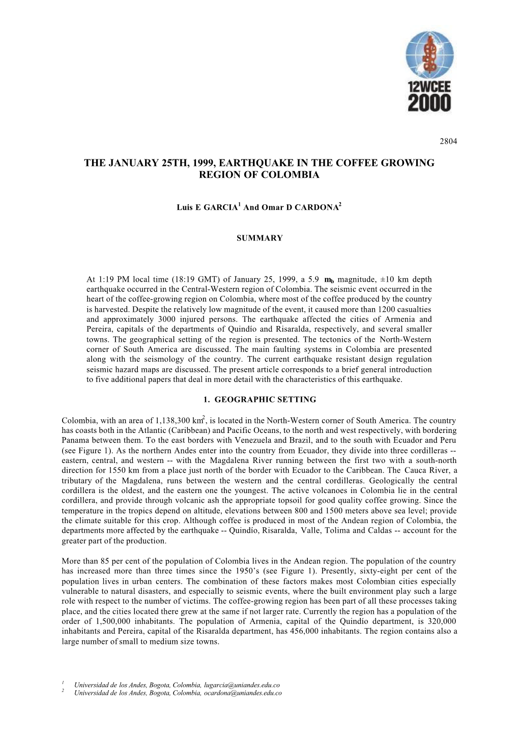 The January 25Th, 1999, Earthquake in the Coffee Growing Region of Colombia