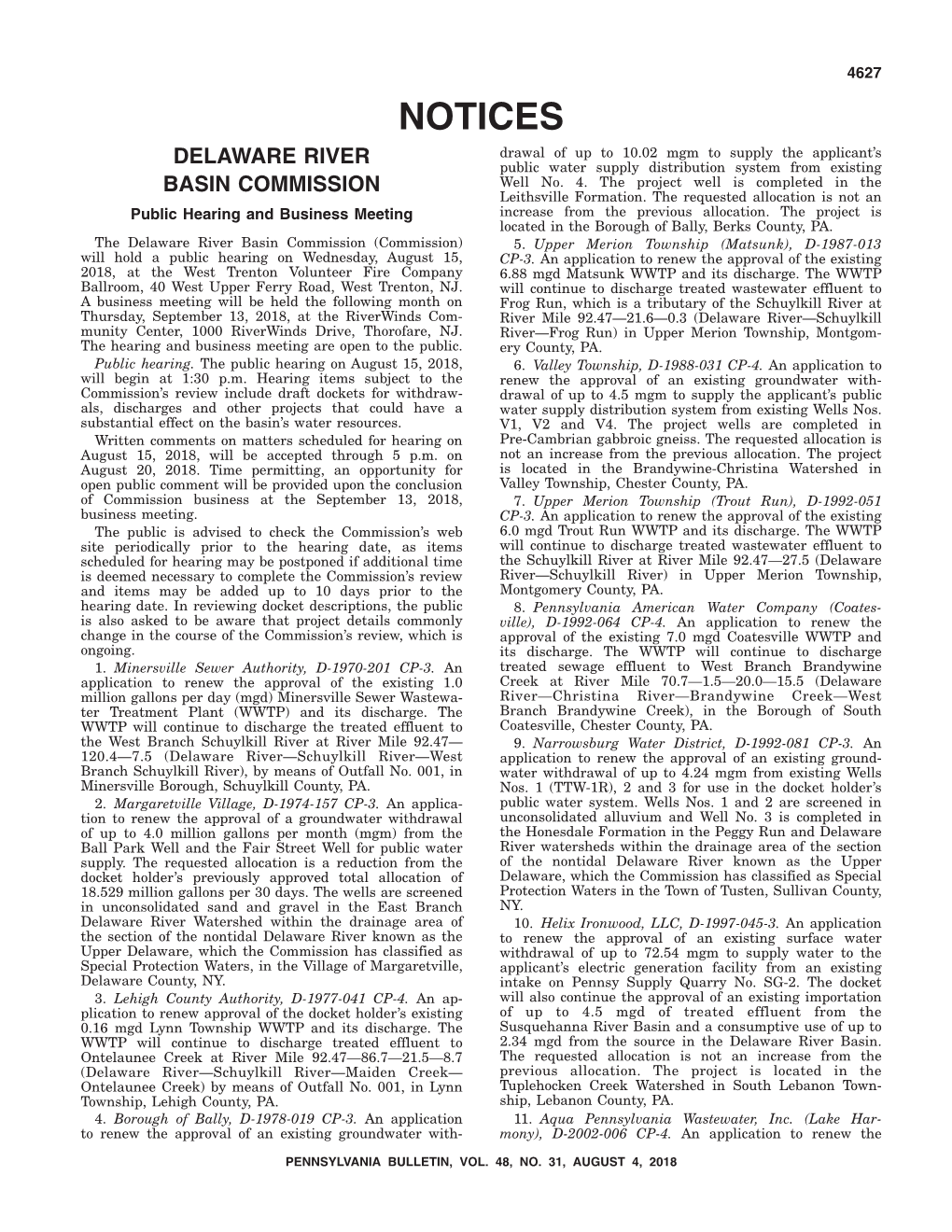 NOTICES Drawal of up to 10.02 Mgm to Supply the Applicant’S DELAWARE RIVER Public Water Supply Distribution System from Existing BASIN COMMISSION Well No