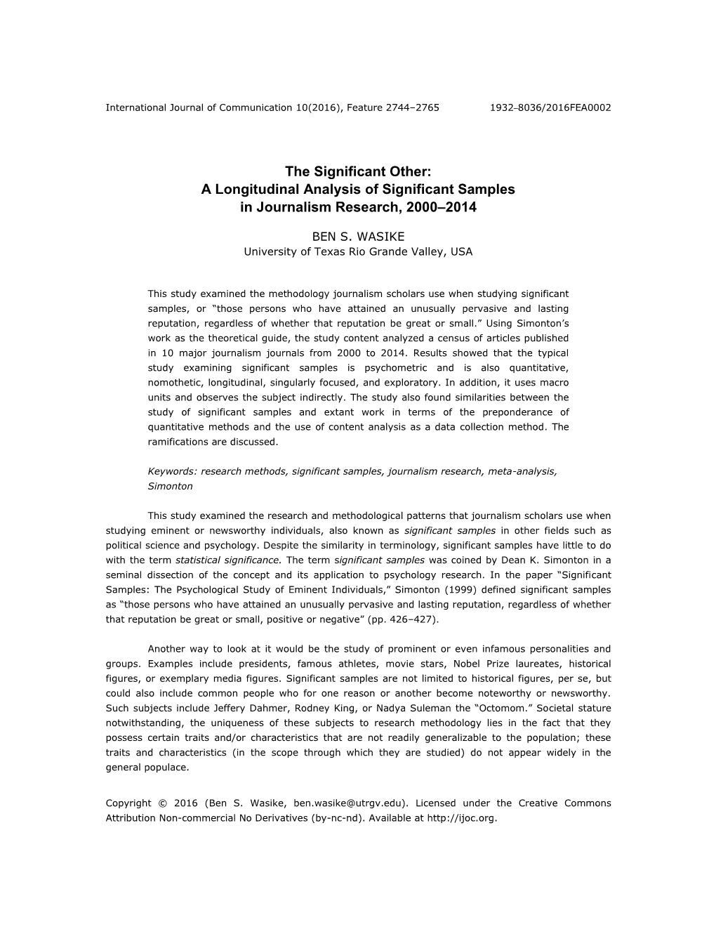 The Significant Other: a Longitudinal Analysis of Significant Samples in Journalism Research, 2000–2014