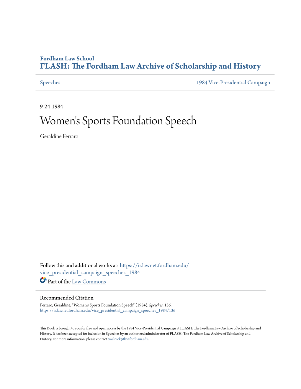 Women's Sports Foundation Speech Geraldine Ferraro
