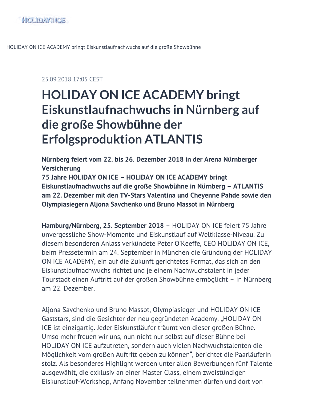 HOLIDAY on ICE ACADEMY Bringt Eiskunstlaufnachwuchs in Nürnberg Auf Die Große Showbühne Der Erfolgsproduktion ATLANTIS