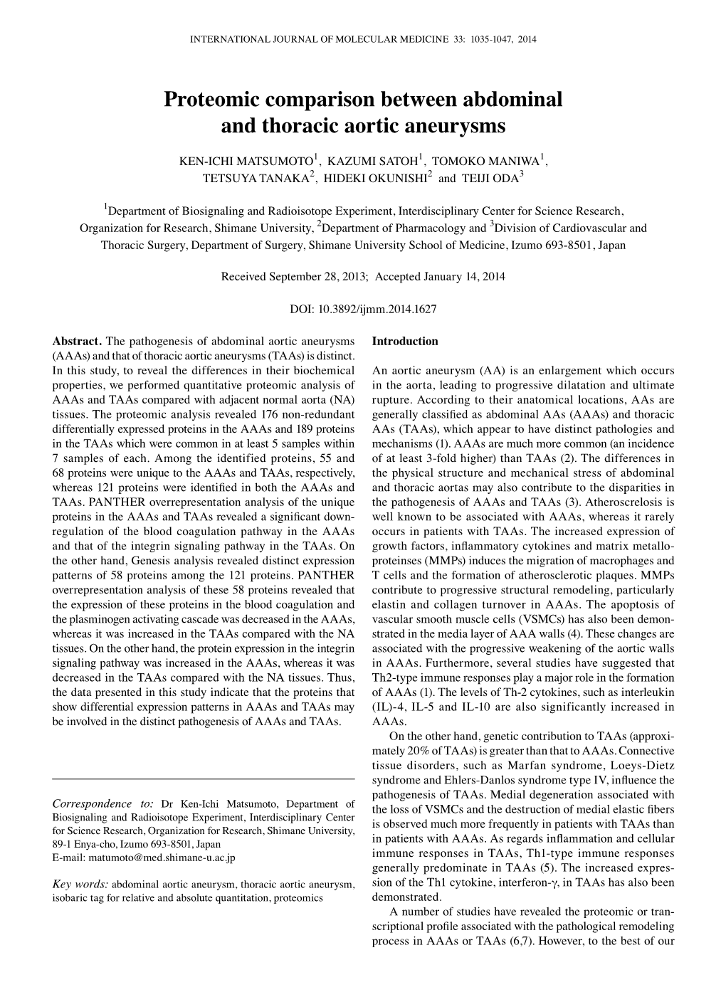 Proteomic Comparison Between Abdominal and Thoracic Aortic Aneurysms