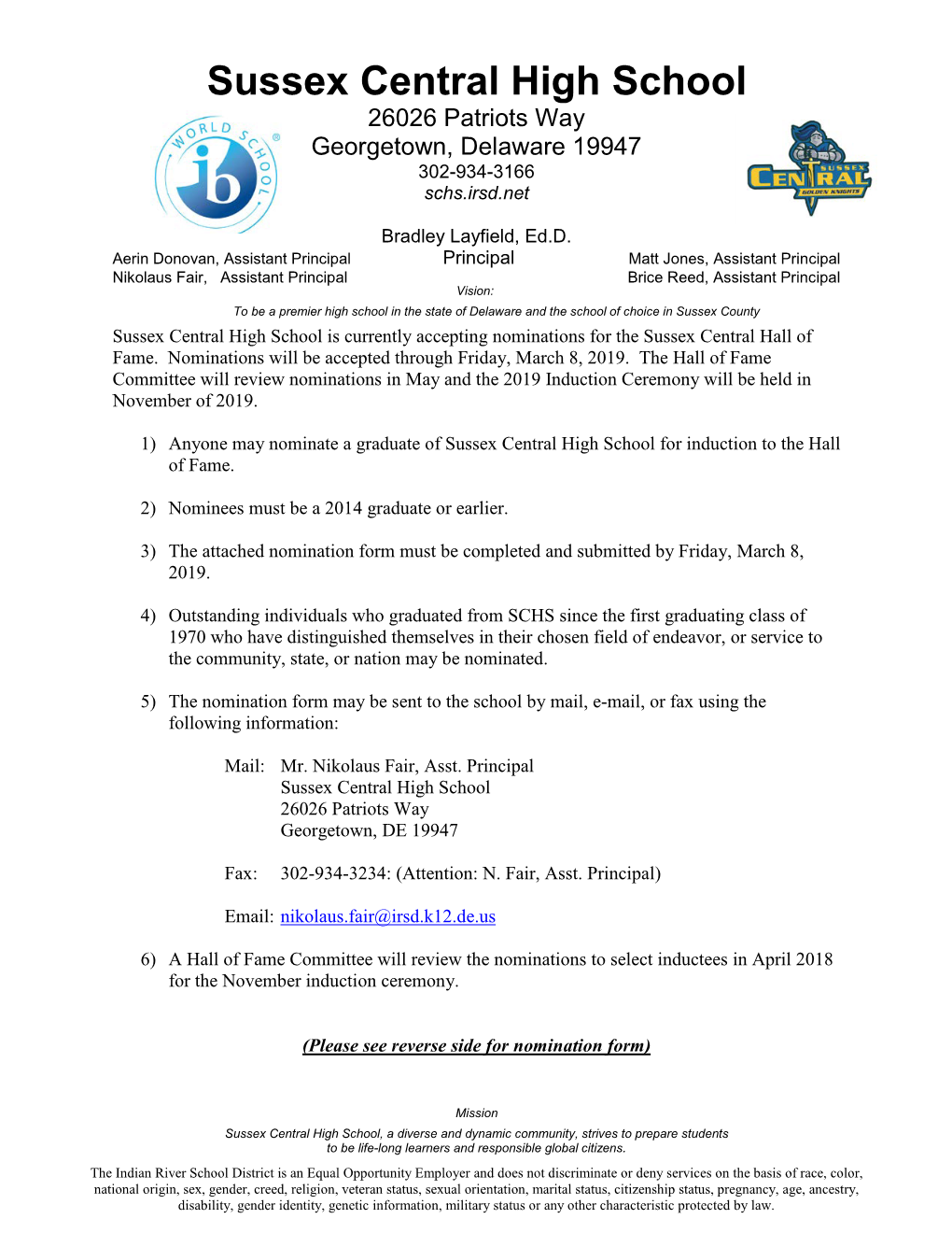 Sussex Central High School 26026 Patriots Way Georgetown, Delaware 19947 302-934-3166 Schs.Irsd.Net