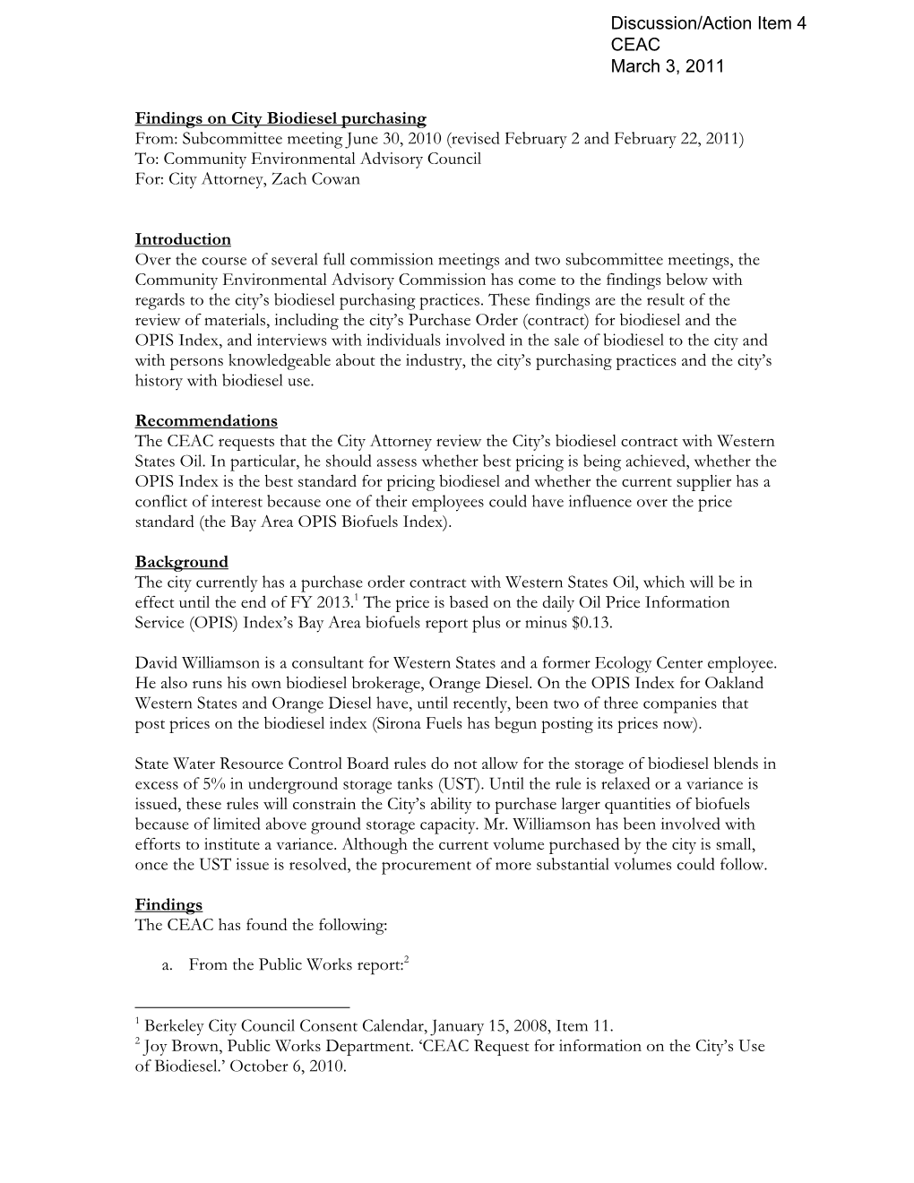 Findings on City Biodiesel Purchasing From