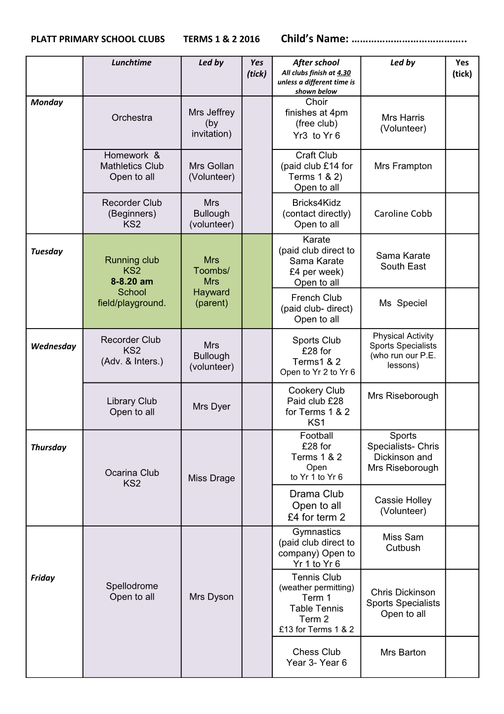 Platt Primary School Clubs