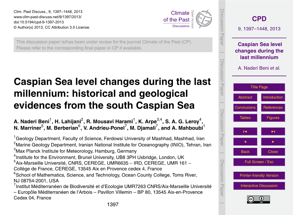 Caspian Sea Level Changes During the Last Millennium