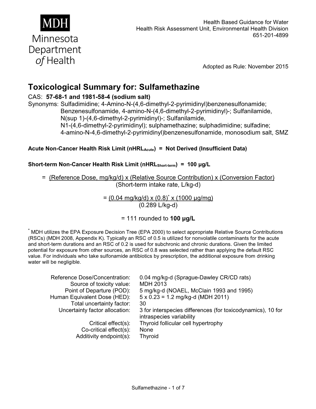 Toxicological Summary for Sulfamethazine (PDF)